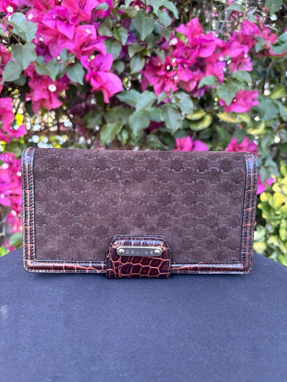 Celine Macadam Suede Croc Embossed Leather Long Wallet Brown